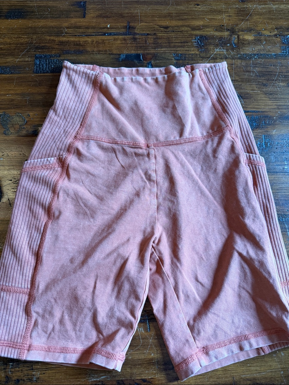 High-Waist Ribbed Bike Shorts in Peach — Women